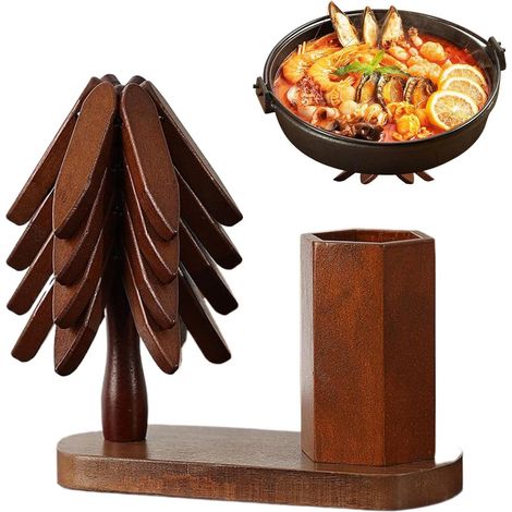 Dessous de plat en bois, forme arbre, avec porte-couverts (1/5)