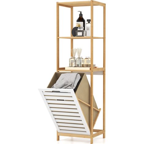 Panier à linge naturel et blanc en bambou avec 3 étagères, bac inclinable et poignées, pour buanderie et salle de bains (1/5)
