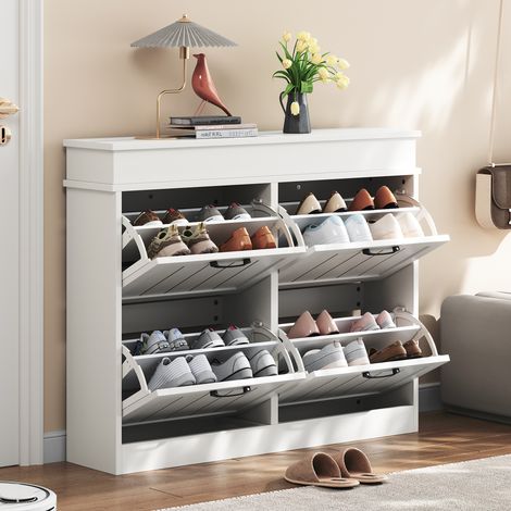 Meuble à chaussures moderne pour entrée, 4 portes basculantes, 8 compartiments, poignée noire, idéal pour les couloirs, entrées et salons, MDF, blanc, 105 x 24 x 83 cm (1/4)