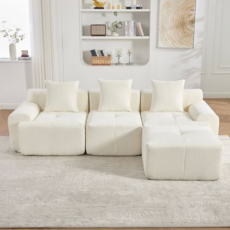 Canapé d'angle en forme de nuage 268x102x78 cm avec pouf Canapé modulable en L 3 places sans montage Velours côtelé Beige (1/5)