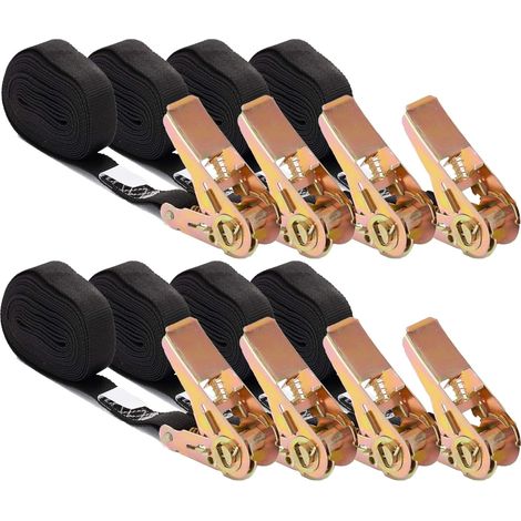 Pack de 8 sangles d'arrimage 4m 25mm – 800kg résistance – 100% polyester – Points renforcés – Tension facile avec cliquet-noir (1/5)