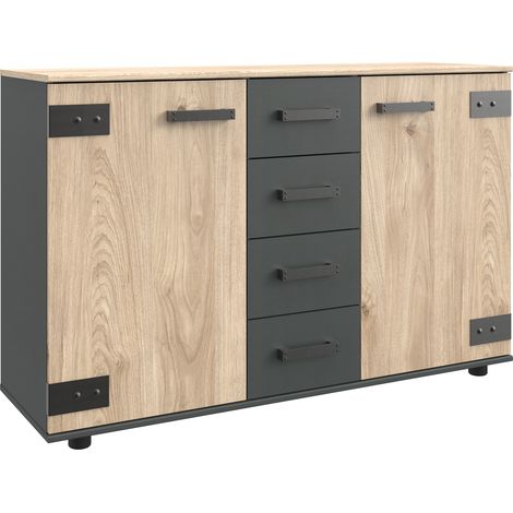 Commode meuble de rangement coloris chêne - Longueur 130 x Hauteur 83 x Profondeur 41 cm -PEGANE- (1/3)