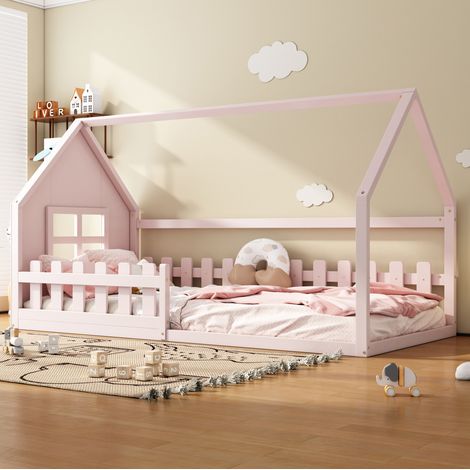 lit chambre enfant maison 90x200 pin MDF rose tendre HAVRYA (1/5)