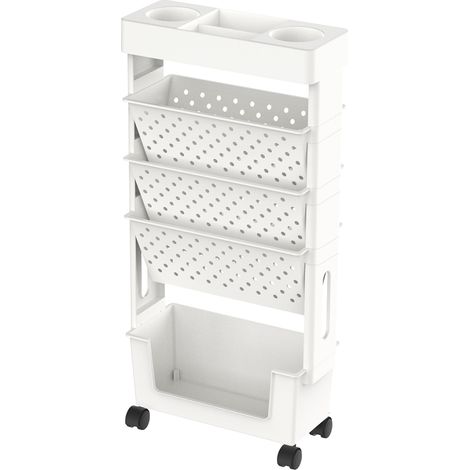Étagère mobile à roulettes avec organiseur amovible, chariot de rangement multi-étages avec porte-gobelet et roues verrouillables, pour maison, bureau et bibliothèque, blanc
