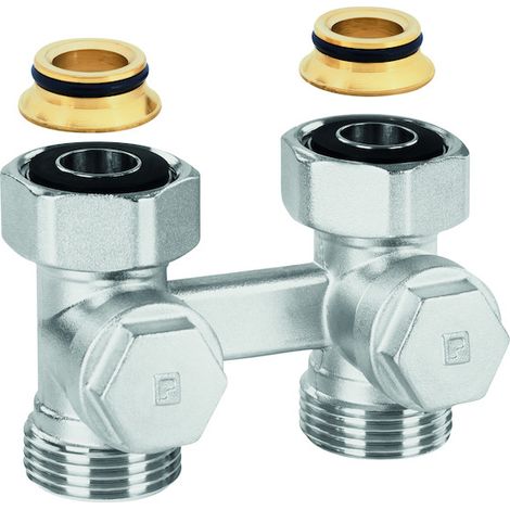Raccord en H Verafix-VK pour installation à 2 tubes, plaqué laiton, trou traversant DN20 G3/4