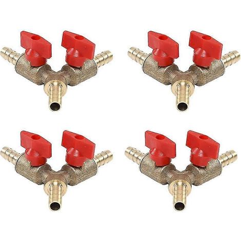 Lot de 4 vannes à bille d'arrêt à 3 voies / raccords à collier de serrage pour tuyau d'arrosage, gaz et carburant, 10 mm, laiton, type Y, pour outils de jardin. (1/5)