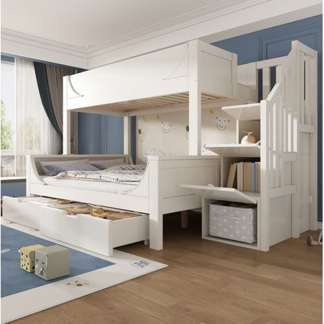Letto a castello 253x148x150 cm bianco in legno e metallo con armadio-scala e cassetti (1/5)