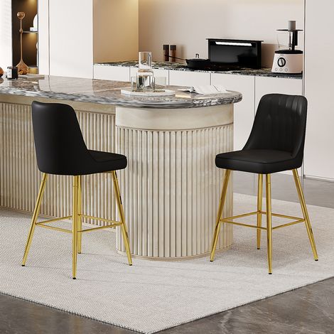 2 taburetes de bar en PU negro y metal dorado, con respaldo cómodo y reposapiés, H 100 cm,42×45×100cm (1/5)