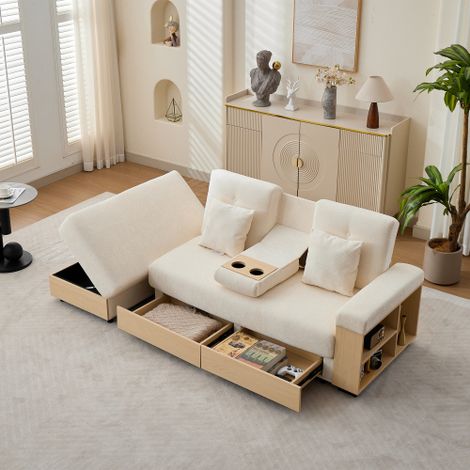 Canapé convertible canapé-lit 217 cm - dossier 3 positions - coffre et 2 tiroirs - porte-gobelets - tissu chenille beige (1/5)