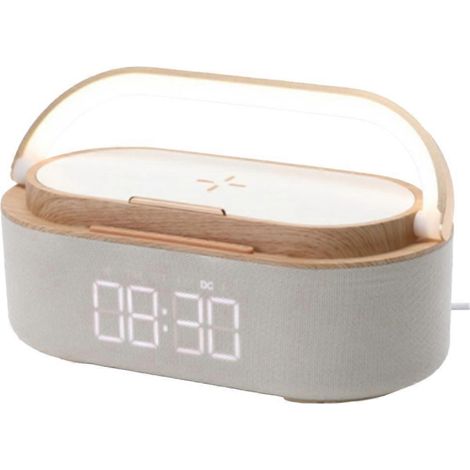 Radio-réveil numérique avec haut-parleur Bluetooth 1800 mAh, chargeur sans fil, veilleuse et double haut-parleur, idéal pour la maison ou la chambre. (1/5)