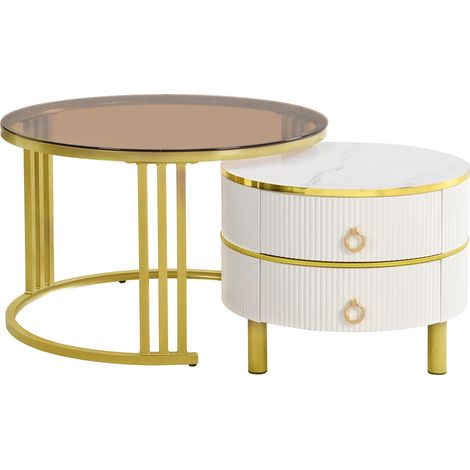 Runder 2-in-1 Couchtisch aus MDF und Glas, 2er-Set, Weiß und Gold, 70/50 cm (1/5)