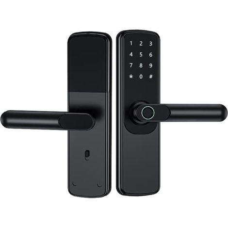 Serrure connectée noire (application + mot de passe + carte + clé) compatible Tuya pour une sécurité renforcée et un accès simplifié (1/5)