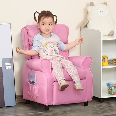 poltrona per bambini reclinabile con poggiapiedi in lino rosa OKMYHOME (1/4)