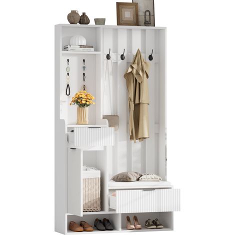 Portemanteau 6-en-1 10030180 cm, avec 8 crochets, banc à chaussures et étagères, anti-basculement, meuble d'entrée compact avec tiroirs et armoires, largeur 100 cm, meuble à chaussures, blanc (1/5)