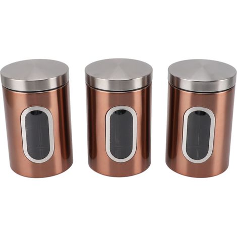 Lot de 3 boîtes hermétiques en acier inoxydable avec fenêtre transparente, idéales pour le café, les céréales et autres aliments mélangés, couleur bronze. (1/5)
