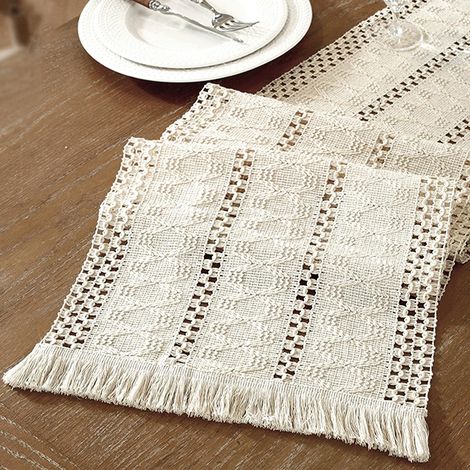 Macramé Chemin de Table Boho Beige avec Glands, 30x180cm Chemin de Table en Coton Tissé à la Main, Lavable, pour Anniversaire, Mariage, Cuisine, Salle à Manger Décoration (1/5)