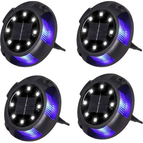 Lot de 4 bornes solaires encastrées, étanches IP65, 8 LED blanc chaud + 4 LED bleu, pour allée jardin et extérieur