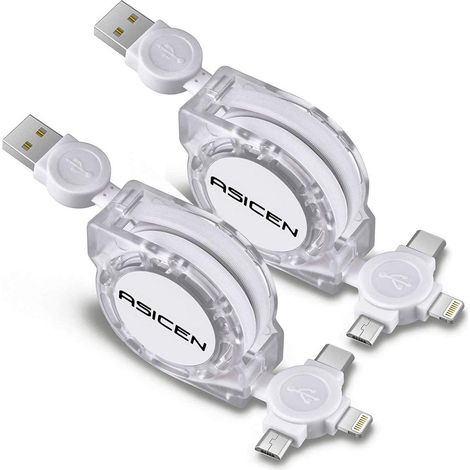 Câble de Charge Rapide Multiple Rétractable 2 Pièces 3A 1M Câble Multi USB 3 en 1 pour 15/Galaxy S23/S22/S21/S20/S10+/S10/S9+/S9/S8/S7/S6/P30/P20/P10/Mate10/20/30 (1/5)
