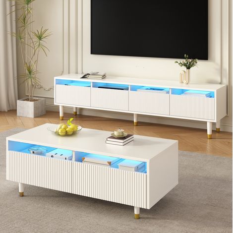 Set mobile TV e tavolino 178x35x45 / 110x50x40 cm in MDF bianco, LED, per soggiorno FloraGrace (1/5)