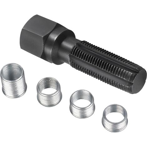 Kit de réparation de filetage à tête cylindrique de 14 mm, kit de réparation de filetage de bougie d'allumage automobile en acier au carbone M14 x 1,25, comprenant un taraud et 4 inserts filetés. (1/3)