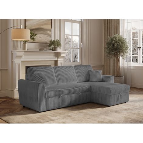 Deco In Paris – Canapé d'angle convertible réversible en velours côtelé gris – Coffre de rangement intégré – 5 places – Design épuré pour salon moderne (1/5)