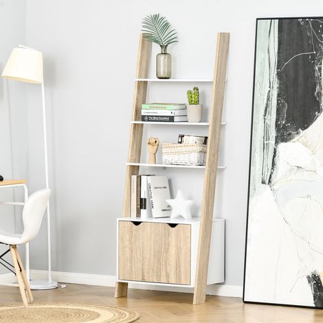 Estantería en Forma de Escalera de Madera Librería con 3 Estantes y 1 Armario de Almacenaje 60x40x171 cm Roble y Blanco (1/5)