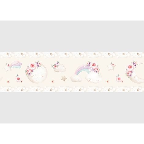 Frise auto-collante au fond beige avec un lune en aquarelle pour enfant (1/5)