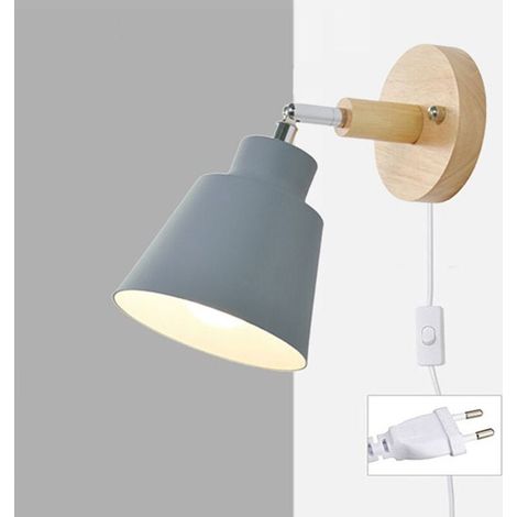 Applique murale avec prise Macaron Applique murale avec interrupteur E27 Type de lampe Bois Lampe de chevet pour salon et chambre Réglable Prise Applique murale (Gray ) (1/5)