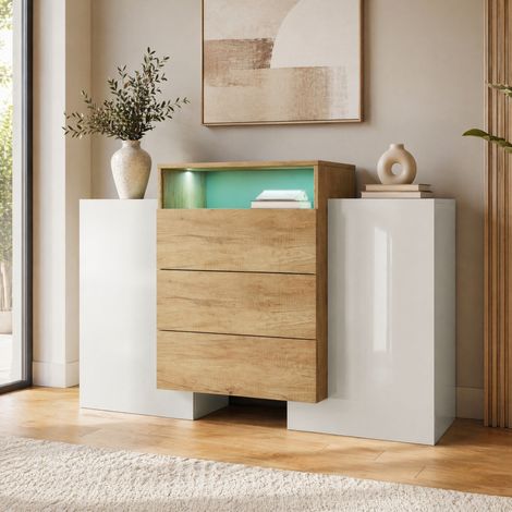 MEUBLIV Buffet 140 cm blanc et bois – LED multicolore, rangement organisé (1/5)