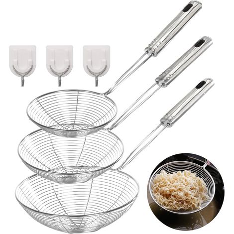 Lot de 3 écumoires,Acier inoxydable,Long manche,Anti-brûlure,Cuisine professionnelle