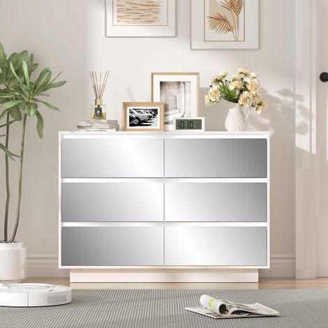 UEV – Commode à 6 tiroirs 100 cm avec miroir – Grand espace de rangement – 16 bandes LED de couleur – Bois d'ingénierie – 100 x 34 x 72,5 cm – Blanc (1/5)