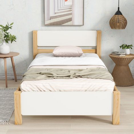 DESVIAE Lit simple en bois avec tête et pied de lit lattes et pieds centraux blanc naturel 90x200 cm (1/4)