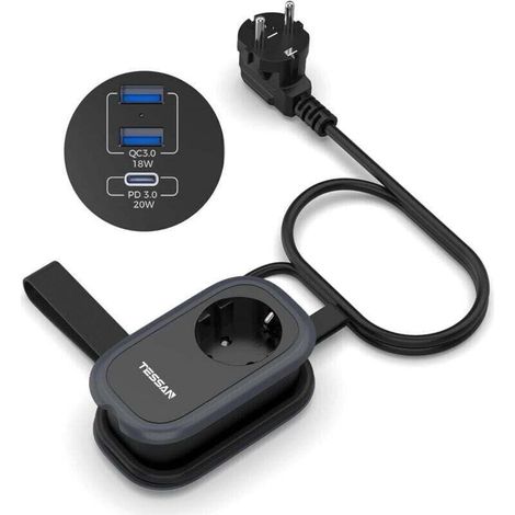 Travel Power Strip 3 USB Ports, Power Strip with USB C Fast Charging, 4 in 1 Power Strip, 1.4m Extension Cord with Storage Strap, Distribution Box for Travel and Office, 4000W (1/4)