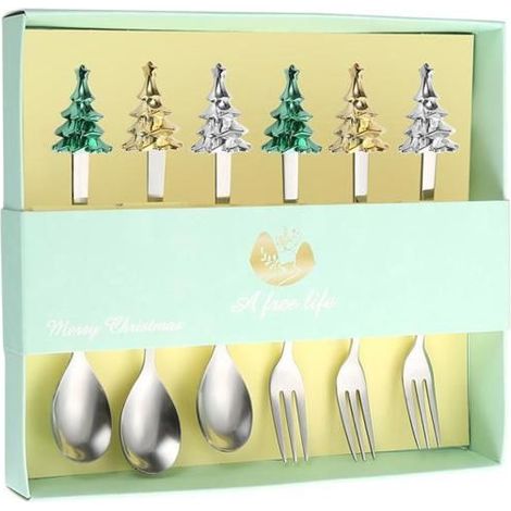 Un ensemble de 6 couverts de Noël en acier inoxydable, comprenant une cuillère à café et une fourchette à dessert. (1/5)