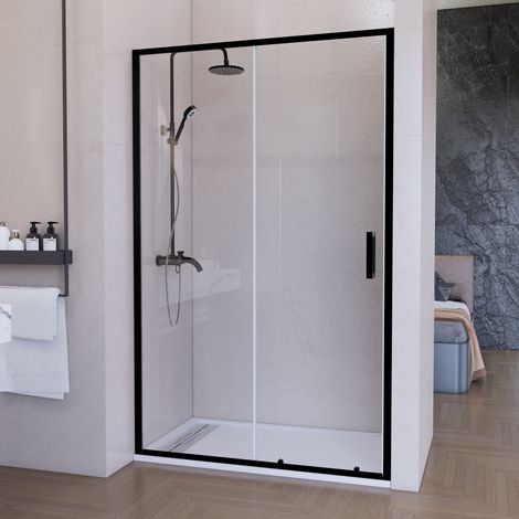 Mampara de ducha frontal corredera 160 cm 1 puerta + 1 fijo Negro mate Cristal transparente 6 mm con perfil inferior 195 cm altura