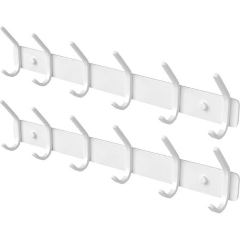 Lot 2 porte-manteaux muraux blanc mat 6 crochets, aluminium résistant, double capacité (1/4)