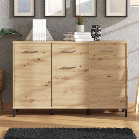 Credenza Laerru: Alacena 3 Cajones, 3 Estantes, Puertas Batientes y Correderas, 138x40x90h cm Marrón Roble Nodoso (1/5)