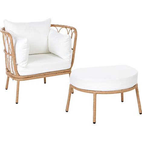 Sillón de jardín con reposapiés de ratán sintético patas de acero cojines blanco crema muebles de exterior marrón claro Fonni (1/5)