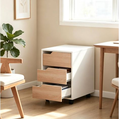 Mobiletto archivio mobile con 3 cassetti in MDF e metallo, bianco e rovere, 40 x 50 x 57,5 cm (1/5)