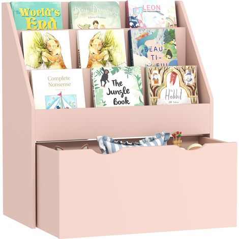 AIYAPLAY Kids Bookcase w/ 3 Tier Shelves, Drawer, for Bedroom, Nursery, Pink (1/5)