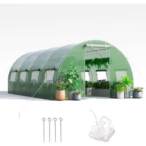 COSTWAY Serre de Jardin Tunnel 600x300x200 CM Cadre en Acier Galvanisé Robuste, Serre Tunnel Coupe-Vent avec Cerceau 8 Fenêtres Enroulables 2 Portes Zippées (1/5)