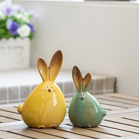 [Figuritas de cerámica] Adornos de conejito de Pascua con orejas largas, de dos piezas, grande y pequeño, para decoración de mesa en casa o en la oficina. (1/3)