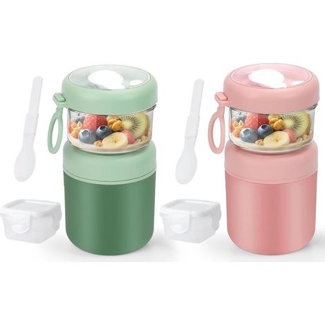 Lot de 2 Pots en Verre avec Couvercle pour Yaourt Bols Isothermes 530/330 ml en métal Inox. (1/5)