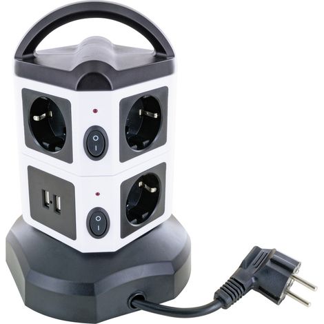 Schwaiger Steckdosentower 7-fach + 2x USB weiß, schwarz, 360° drehbar Steckdosentower