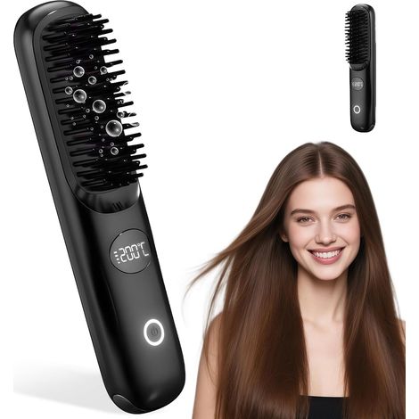 Brosse Lissante Sans Fil, Brosse Chauffante Lissante Portable 200 Millions D'ions Négatifs Anti-BrûLure avec 3 Températures Réglables, Mini Lisseur Rechargeable pour Maison, Voyage (1/5)