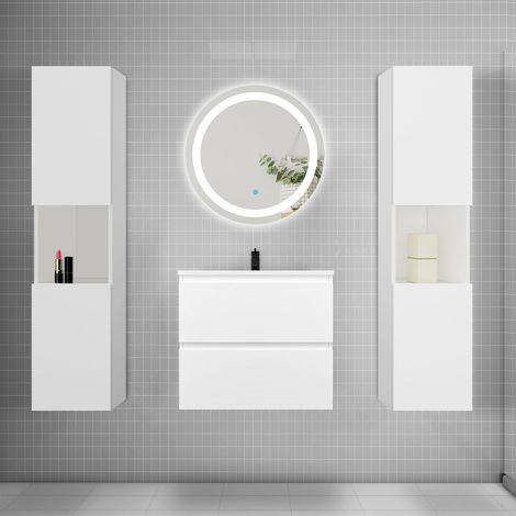Ensemble meuble vasque L.60cm 2 tiroirs + lavabo + LED miroir rond 60cm + 2colonne,blanc easy (1/5)