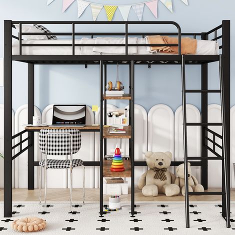 Bett Hochbett Schreibtisch Aufbewahrung 90x200 Metall OKMYHOME (1/5)