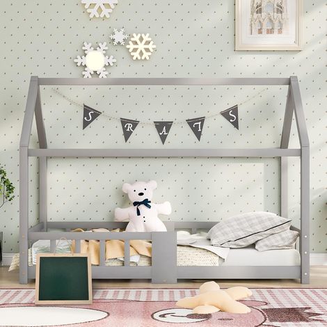 Lit Cabane 90x200 Gris avec Barrière de Sécurité et Tableau Noir Amovible en Bois de Pin Massif avec Sommier à Lattes pour Chambre Ado Studio et Aménagement Intérieur (1/5)