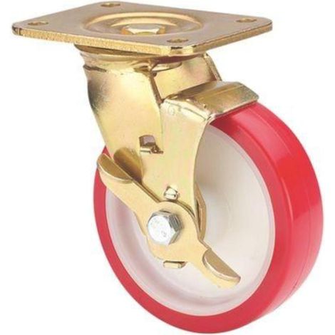 rueda giratora placa freno 10slfn150-po nylon blanco-poliur.rojo eje liso (1/2)