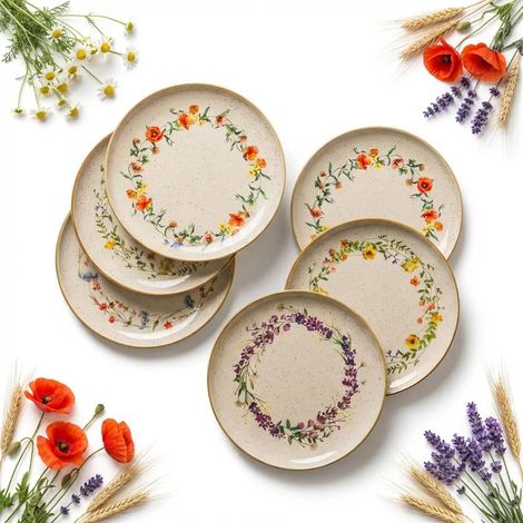 Assiettes plates (lot de 6), grandes, 27 cm, en céramique peu profonde, décor fleurs sauvages